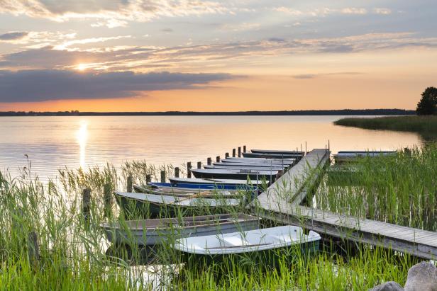 Boote liegen an einem Steg mit Schilf, im Sonnenuntergang, an einem See.