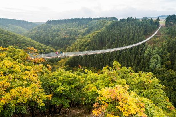 Eine Hängeseilbrücke über eine Waldlandschaft. Zwei Wanderer stehen darauf.