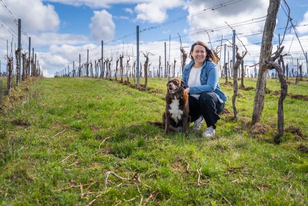 Eine Frau hockt mit ihrem Hund in einem Weinberg.