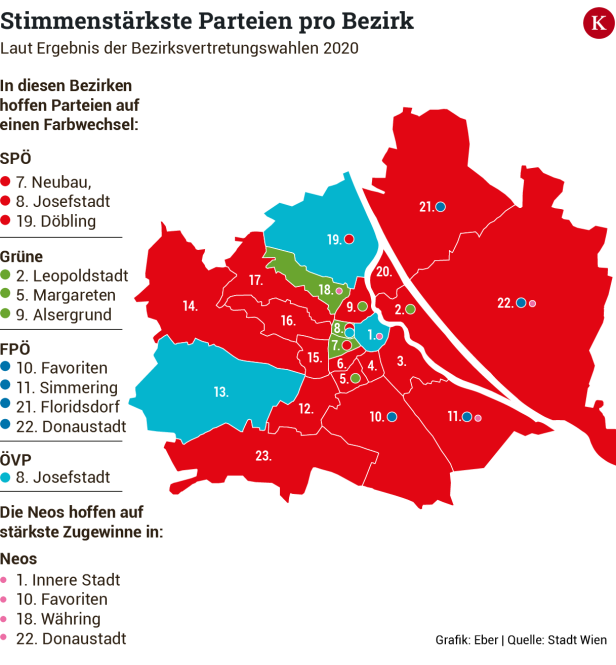 Wienwahl 2025: In welchen Bezirken Parteien auf einen Farbwechsel hoffen
