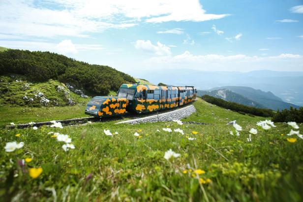 Eine grüne und orangefarbene Zug fährt auf einer Bergstrecke.