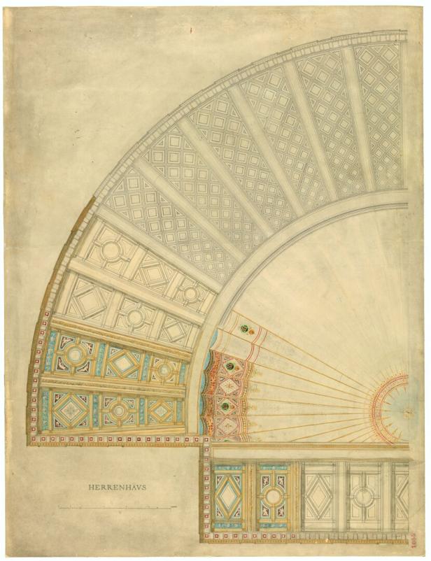 Ein architektonischer Entwurf für die Decke eines Herrenhauses mit geometrischen Mustern.