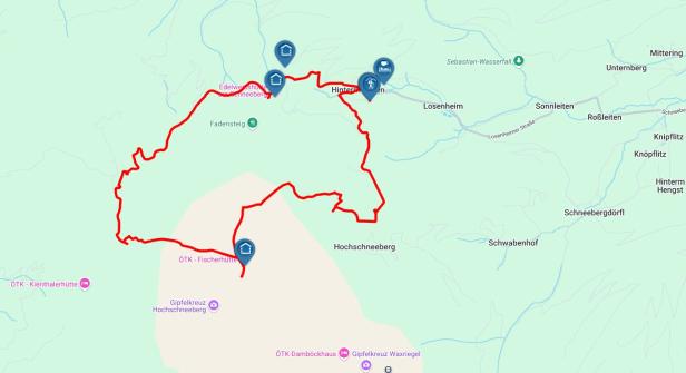 Eine Karte, die eine Wanderroute um den Hochschneeberg in Österreich zeigt.