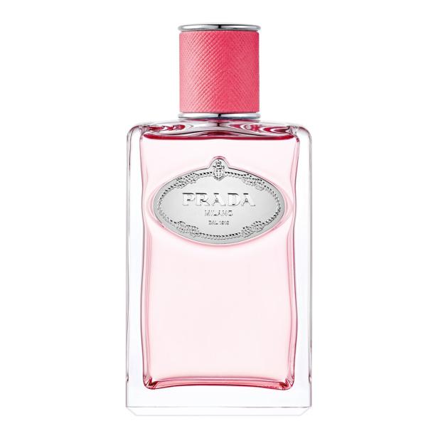 Ein Prada-Duftstoffflakon mit rosa Flüssigkeit und einem rosa Deckel.