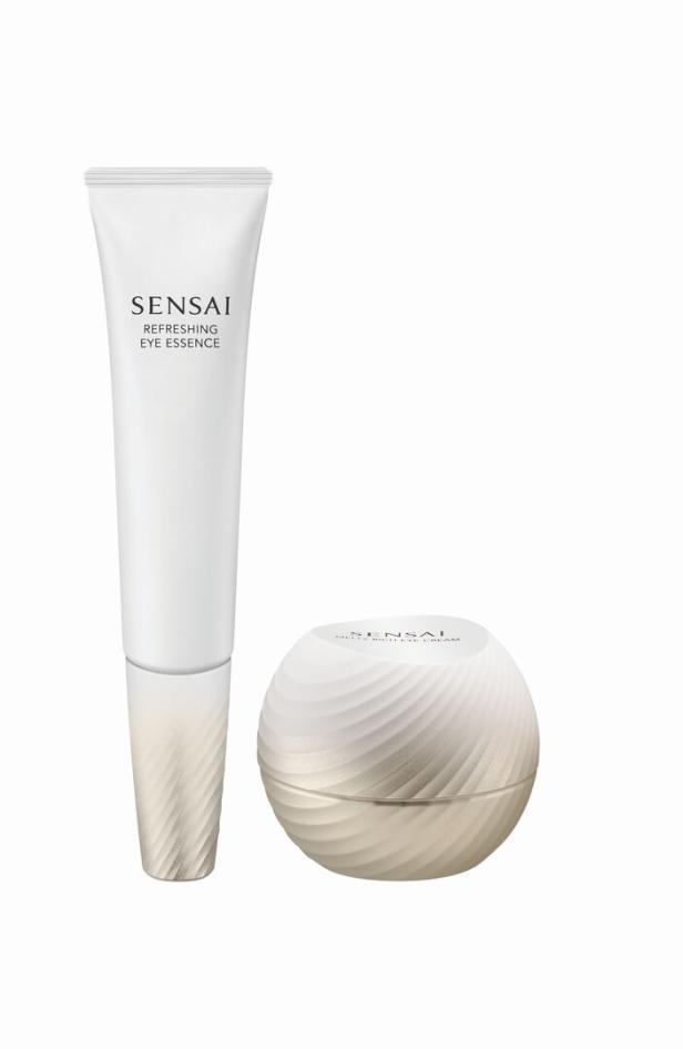 Eine Tube Sensai Refreshing Eye Essence und ein Tiegel Melty Rich Eye Cream auf weißem Grund.