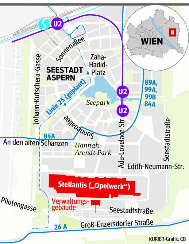 Der Lageplan des stillgelegten Opel-Werks in Wien