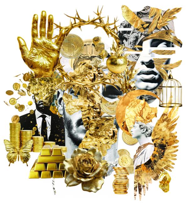 Eine Collage mit goldenen Elementen wie Münzen, Barren, einer Hand und Fragmenten von Gesichtern.