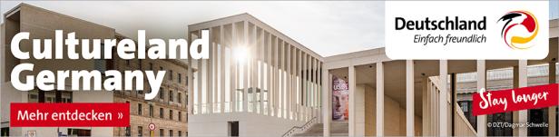 Das moderne Gebäude wirbt mit dem Slogan „Cultureland Germany“ für einen längeren Aufenthalt.