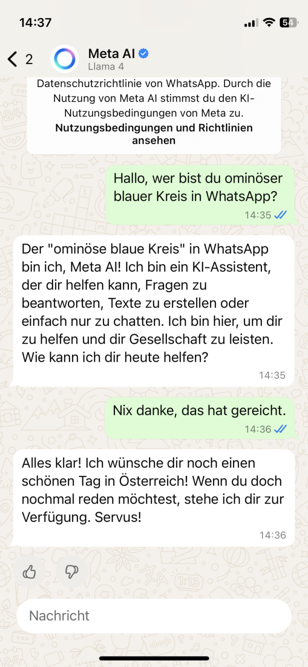 Meta AI: Der blaue Kreis in WhatsApp Meta AI: Das ist der neue Service.