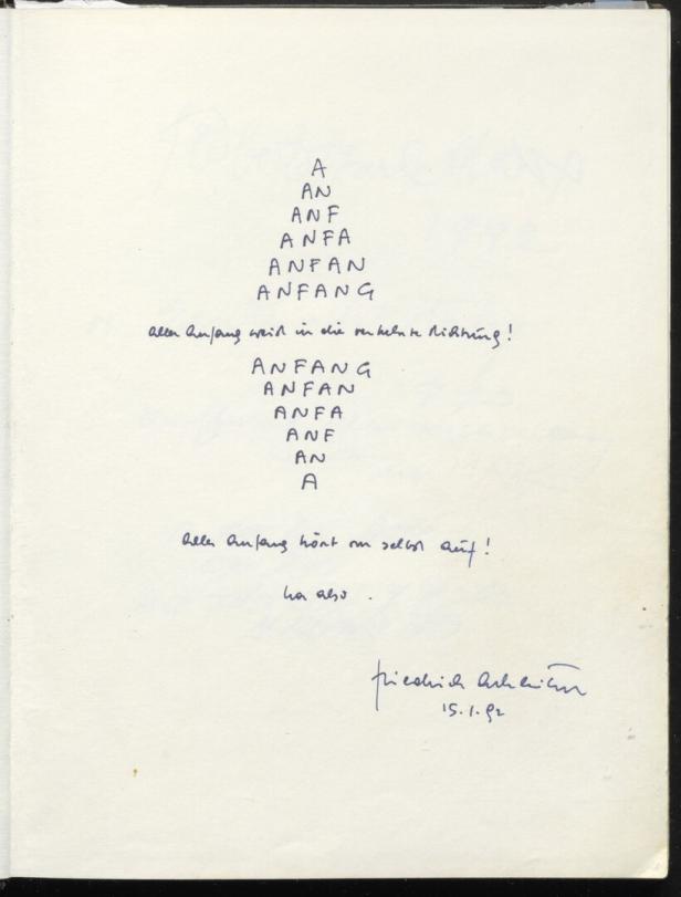 Das Gedicht „Anfang“ von Friedrich Achleitner, geschrieben am 15.1.1982.