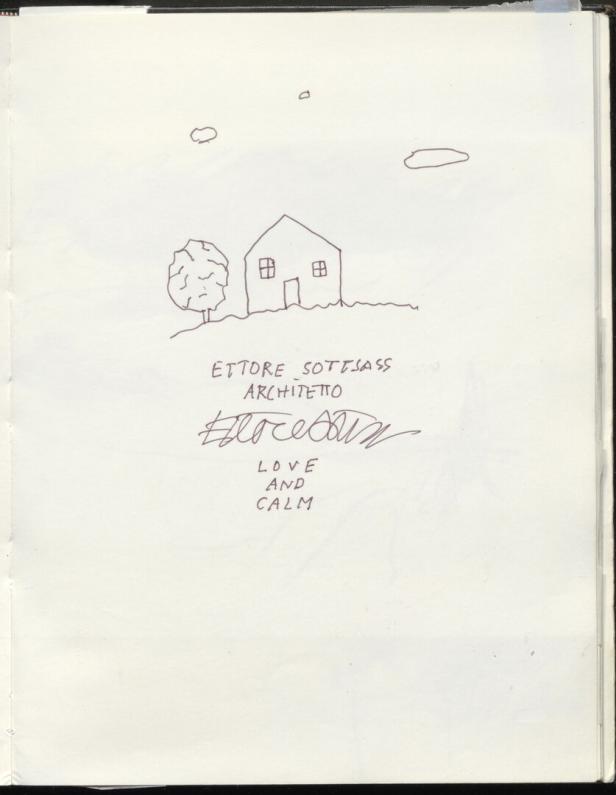 Eine Skizze von Ettore Sottsass mit einem Haus, einem Baum und dem Schriftzug „Love and Calm“.