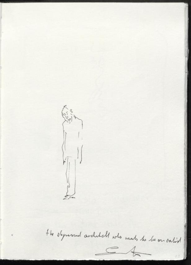 Eine Zeichnung von Erwin Wurm, betitelt „The depressed architect“.