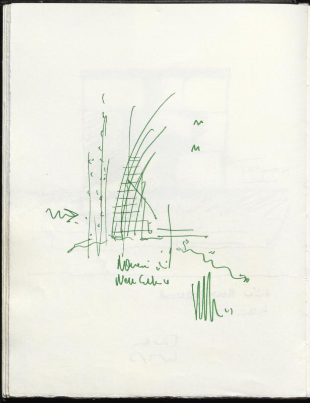 Eine grüne Skizze des Tjibaou-Kulturzentrums in Nouméa, Neukaledonien, von Renzo Piano.