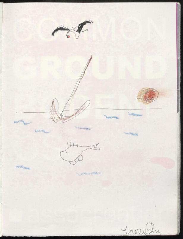 Eine Zeichnung von Sverre Fehn mit einem Boot, einem Fisch und einer Möwe auf dem „Meer“.