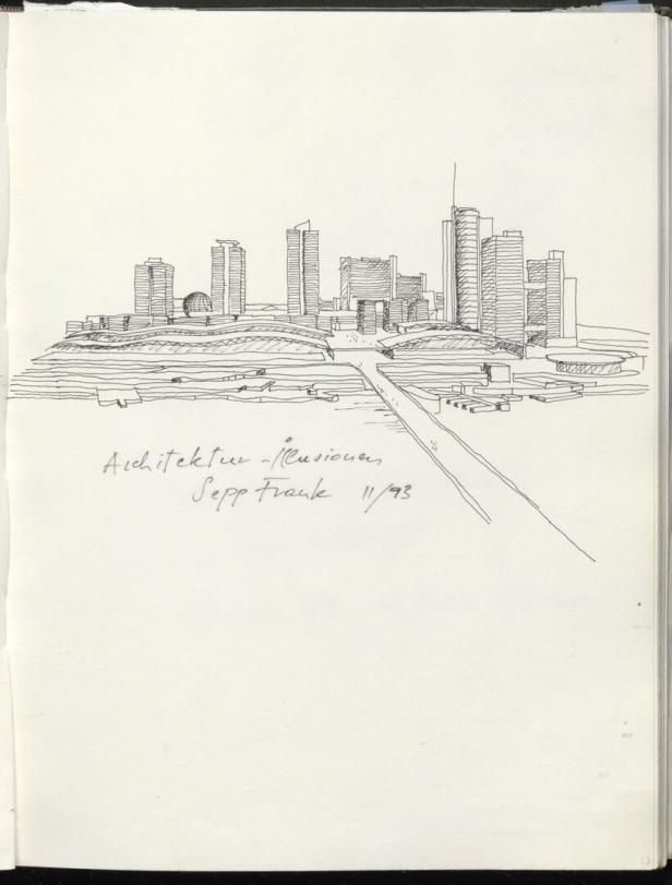 Eine Skizze von „Architektur-Illusionen“ von Sepp Frank, 11/93.