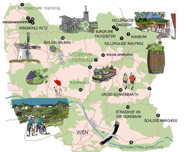Eine illustrierte Karte des Weinviertels in Österreich mit Sehenswürdigkeiten und Naturparks.
