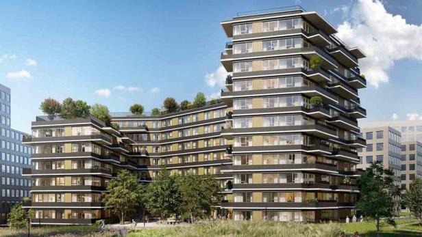 Ein modernes Wohngebäude mit begrünten Dächern und Balkonen vor blauem Himmel.