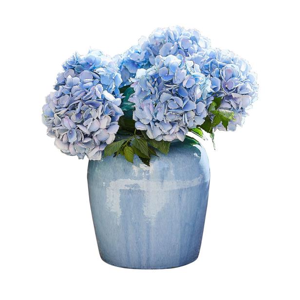 Ein blauer Krug mit einem Arrangement aus blauen Hortensien.