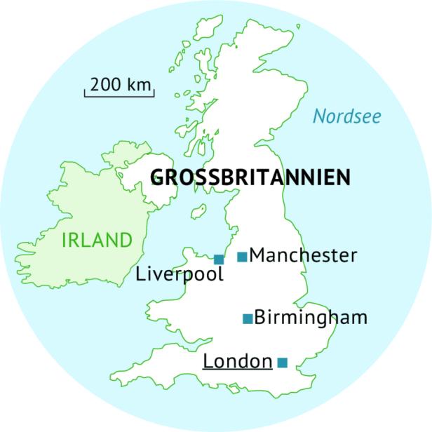 Eine Karte von Großbritannien und Irland mit den Städten London, Birmingham, Manchester und Liverpool.