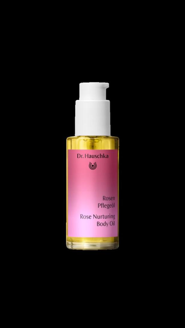 Eine Flasche Rosen Pflegeöl von Dr. Hauschka.