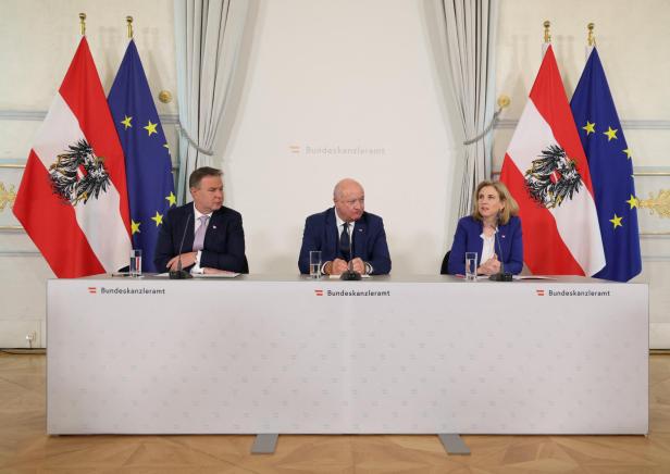 Andreas Babler, Christian Stocker, Beate Meinl-Reisinger Austrian Chancellor Stocker, Vice-Chancellor Babler and Foreign Minister Meinl-Reisinger address a press conference in Vienna