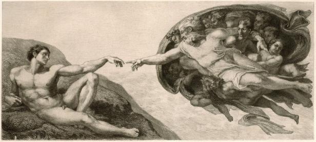 Black and white drawing of the creation of Adam painting