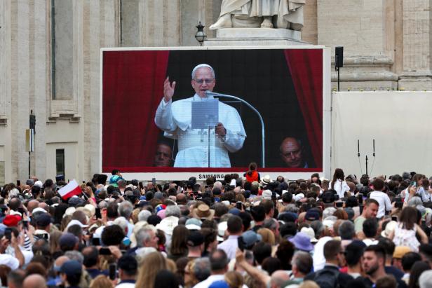 Pope Leo XIV leads Regina Caeli prayer from St Peter's Basilica, at the Vatican
