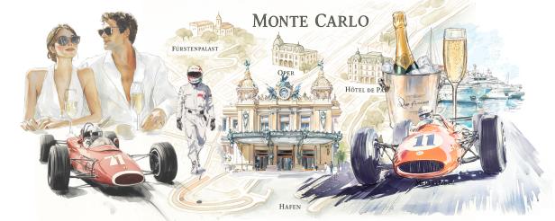 Eine Illustration von Monte Carlo mit Rennwagen, dem Casino und eleganten Personen.