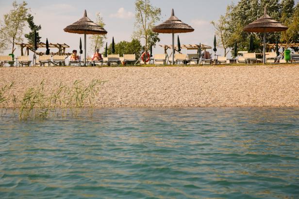 Ein Strand mit Liegestühlen und Sonnenschirmen am Ufer eines Sees.