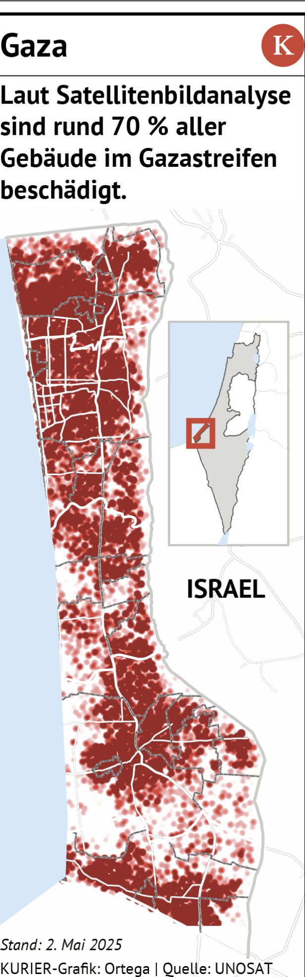 Die Grafik zeigt die Zerstörung im Gazastreifen, wo 70 Prozent der Häuser zerstört sind