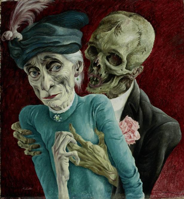 Ein Gemälde von zwei bekleideten Skeletten (einem Mann und einer Frau). Er umarmt sie von hinten.