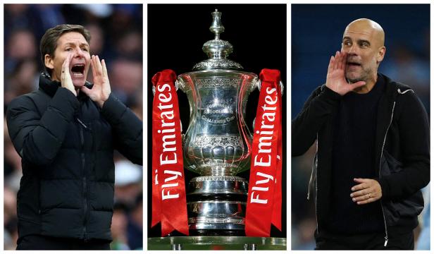 A combination picture shows Crystal Palace manager Oliver Glasner, the FA Cup trophy and Manchester City manager Pep Guardiola ahead of the FA Cup Final