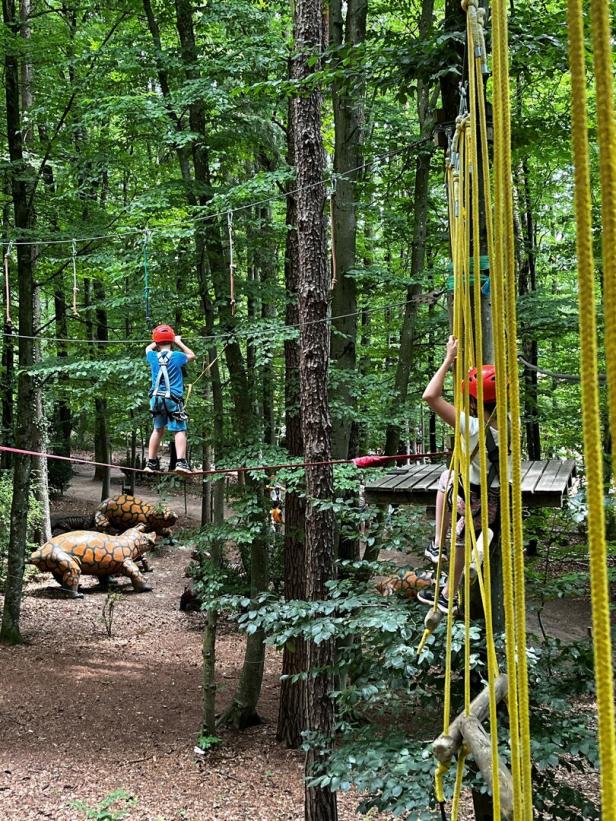 Kinder klettern in einem Hochseilgarten mit Dinosaurierfiguren im Hintergrund.
