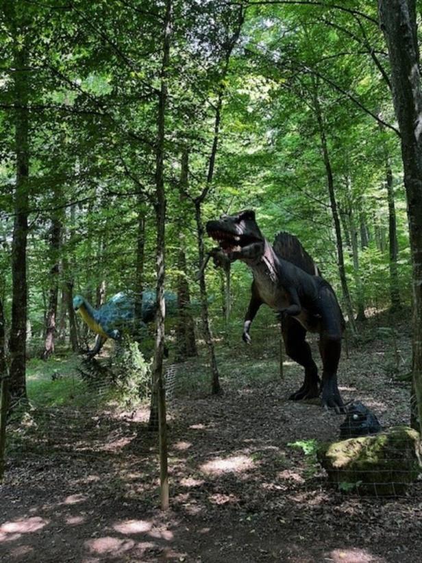 Ein Spinosaurus-Modell steht in einem Waldstück.
