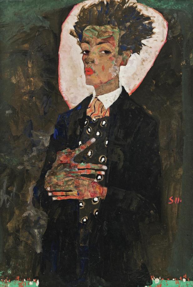 Egon Schiele, Selbstbildnis mit Pfauenweste, 1911 Selbstbildnis von Egon Schiele mit Pfauenweste und mit ausdrucksstarkem Blick.