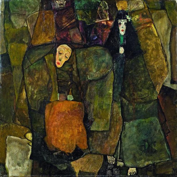 Egon Schiele, Prozession, 1911 Ausdrucksstarke Figuren in flächiger, fragmentierter Komposition, von einer Dreifachsignatur grundiert.