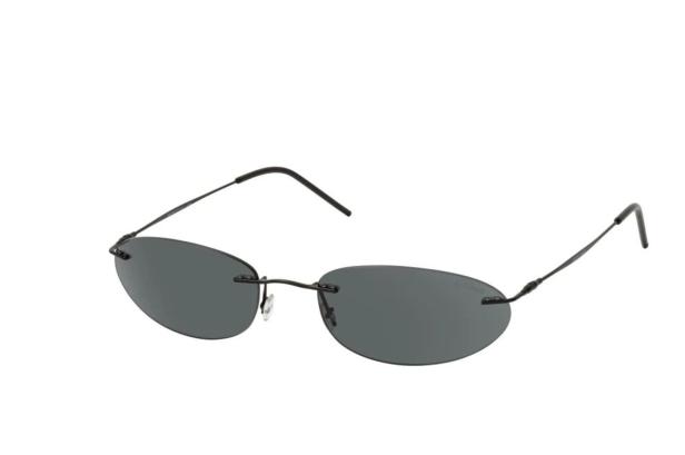 Eine randlose Sonnenbrille mit grauen Gläsern und einem schwarzen Metallgestell.