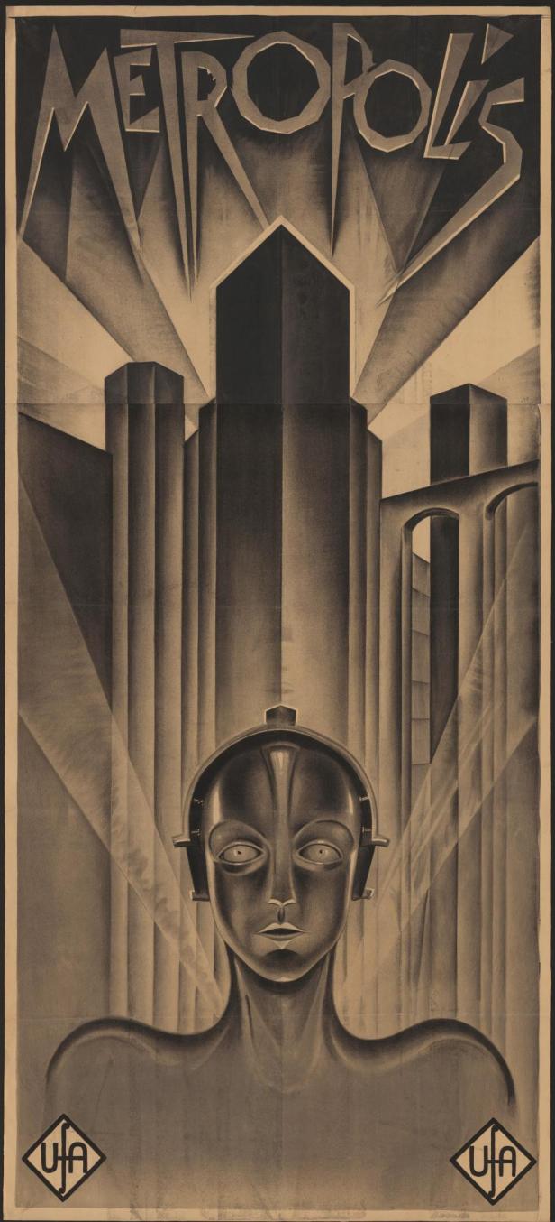 Altes Plakat von Heinz Schulz-Neudamm für „Metropolis“ (1926) im Museum, zeigt die Maschinenfrau Maria, Leihgabe der ÖNB.