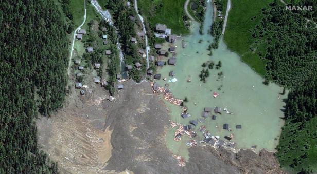 A satellite image shows Blatten village