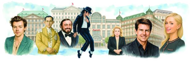 Eine Collage von Prominenten wie Harry Styles, Michael Jackson und Tom Cruise vor verschiedenen Hotels.