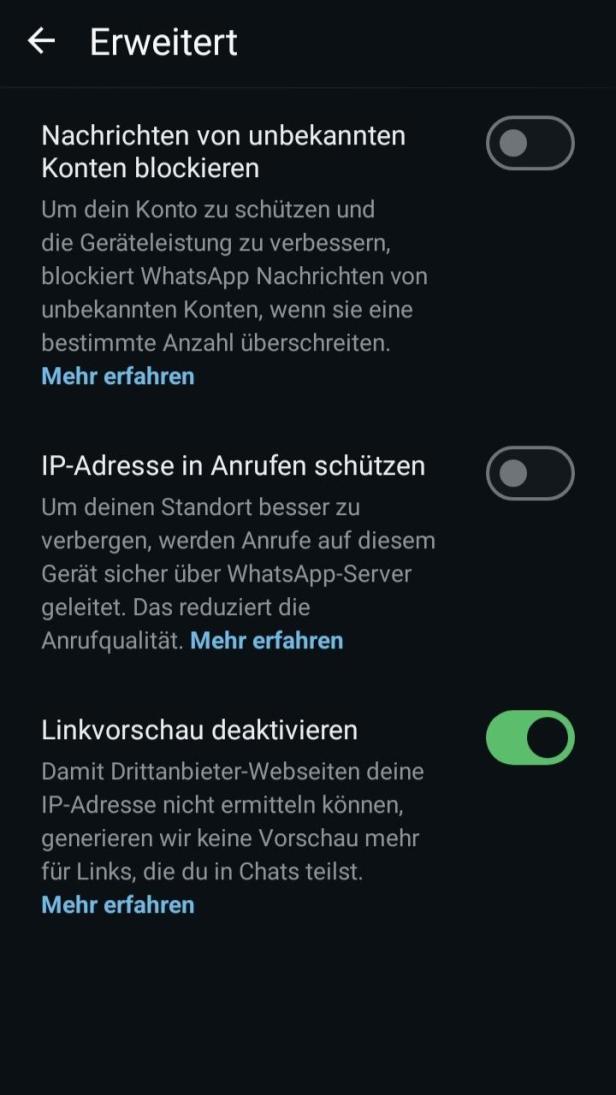 Erweiterte Einstellungen auf Whatsapp Erweiterungseinstellungen auf Whatsapp