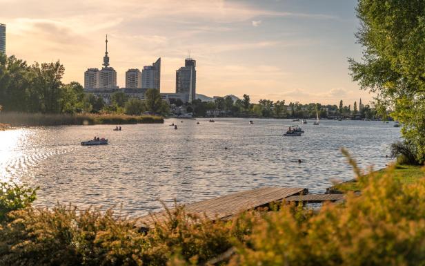 Auf dem Bild ist ein Steg in die Alte Donau mit der Skyline von Wien im Hintergrund abgebildet.
