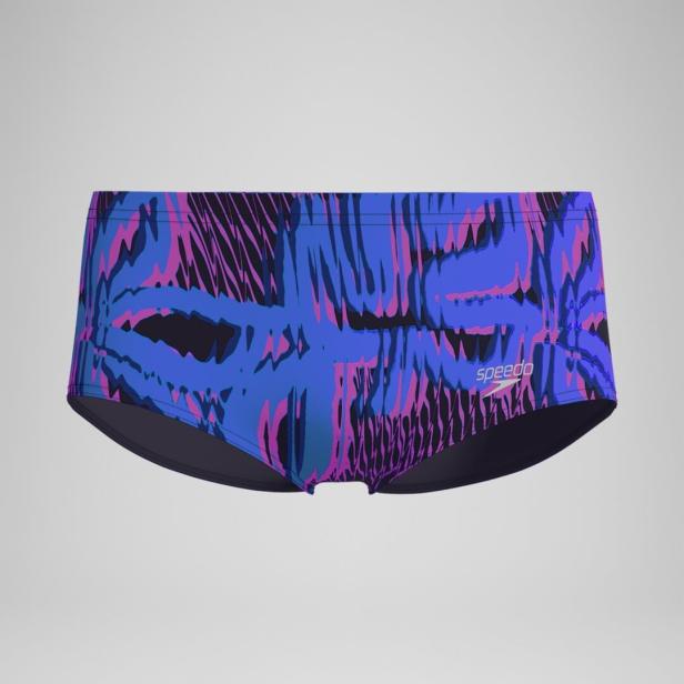 Eine blaue Speedo-Badehose mit abstraktem Muster.