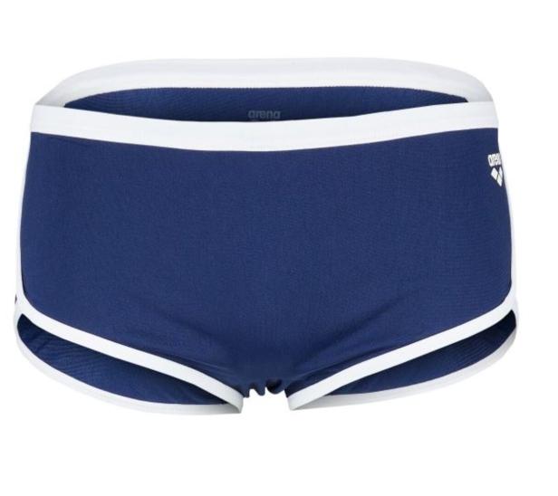 Eine blaue Badehose der Marke Arena mit weißen Akzenten.
