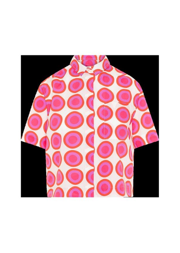 Ein kurzärmeliges Hemd mit einem Muster aus rosa und orangefarbenen Kreisen.