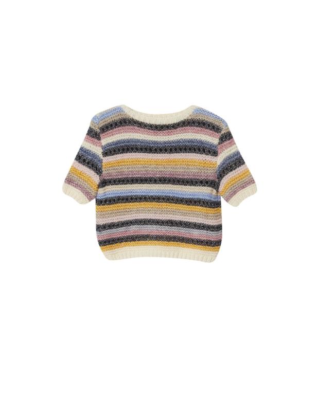 Ein kurzärmliger, gestreifter Strickpullover in verschiedenen Farben.