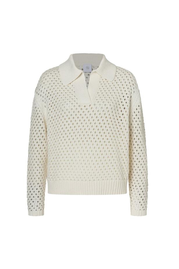 Ein weißer Strickpullover mit Kragen und Lochmuster.