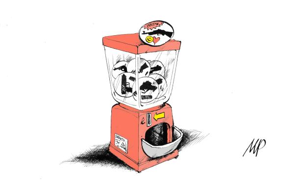 Zu leicht? Die aktuelle Karikatur zeigt einen Münzautomaten, in dem statt Spielzeugen Waffen sind.