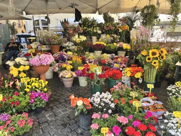 Ein Blumenstand im Freien bietet eine Vielzahl von bunten Blumen in Töpfen und Vasen an.