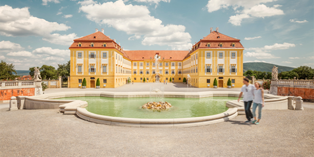 Ein Schloss mit einem Brunnen vornedran